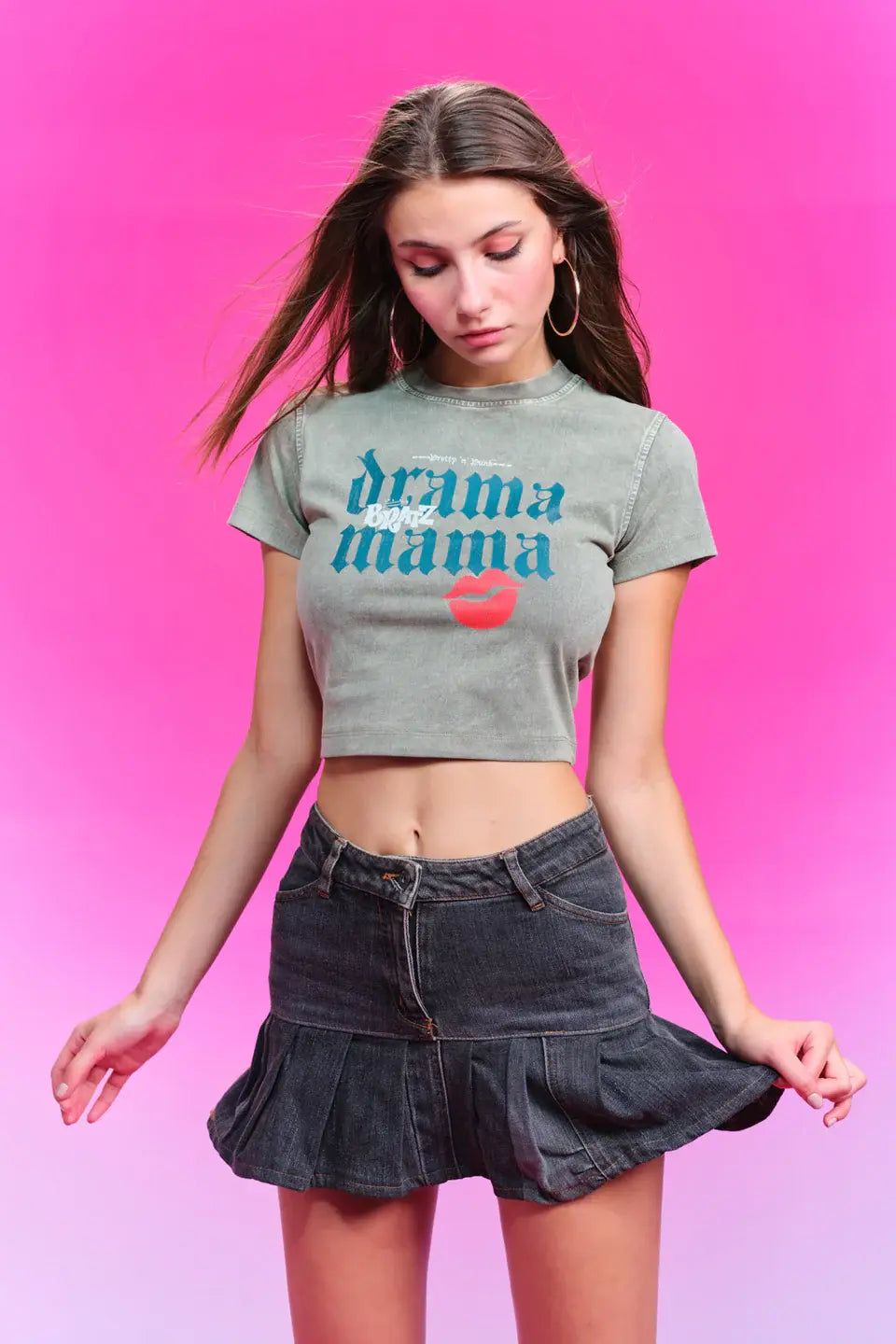 Grey 'Drama Mama' Baby Tee with Denim Mini Skirt Grey 'Drama Mama' Baby Tee with Denim Mini Skirt — Baby Tee Outfits