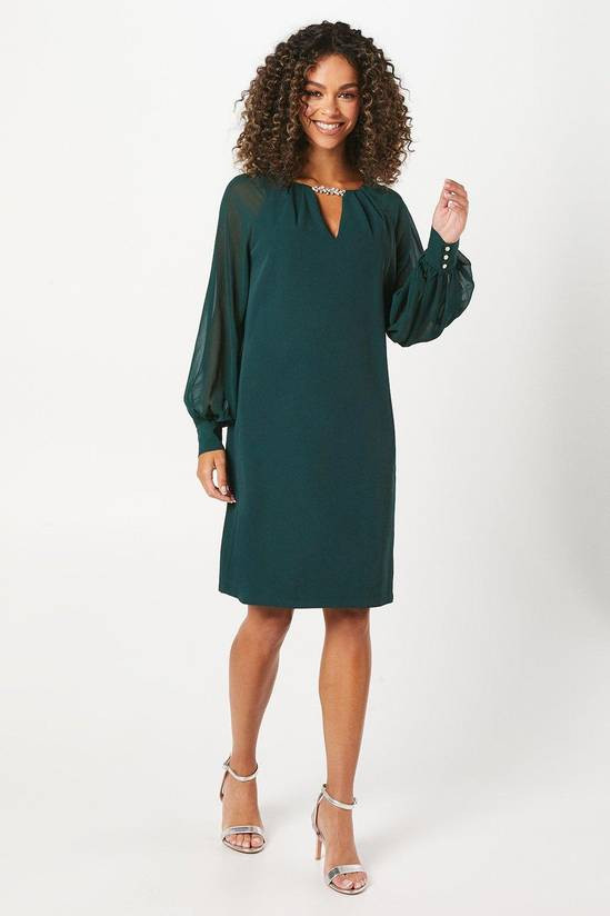 Deep Green Shift Dress with Embellished Neckline and Balloon Sleeves — Shift Dresses