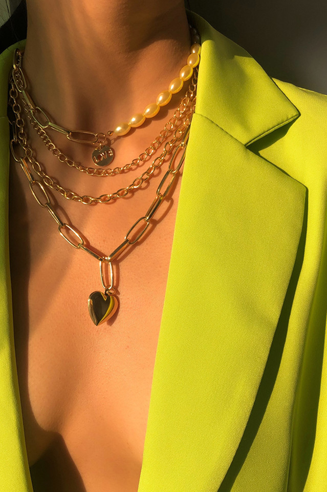 Statement Heart Pendant Necklace with Lime Blazer — Chunky Gold Necklaces
