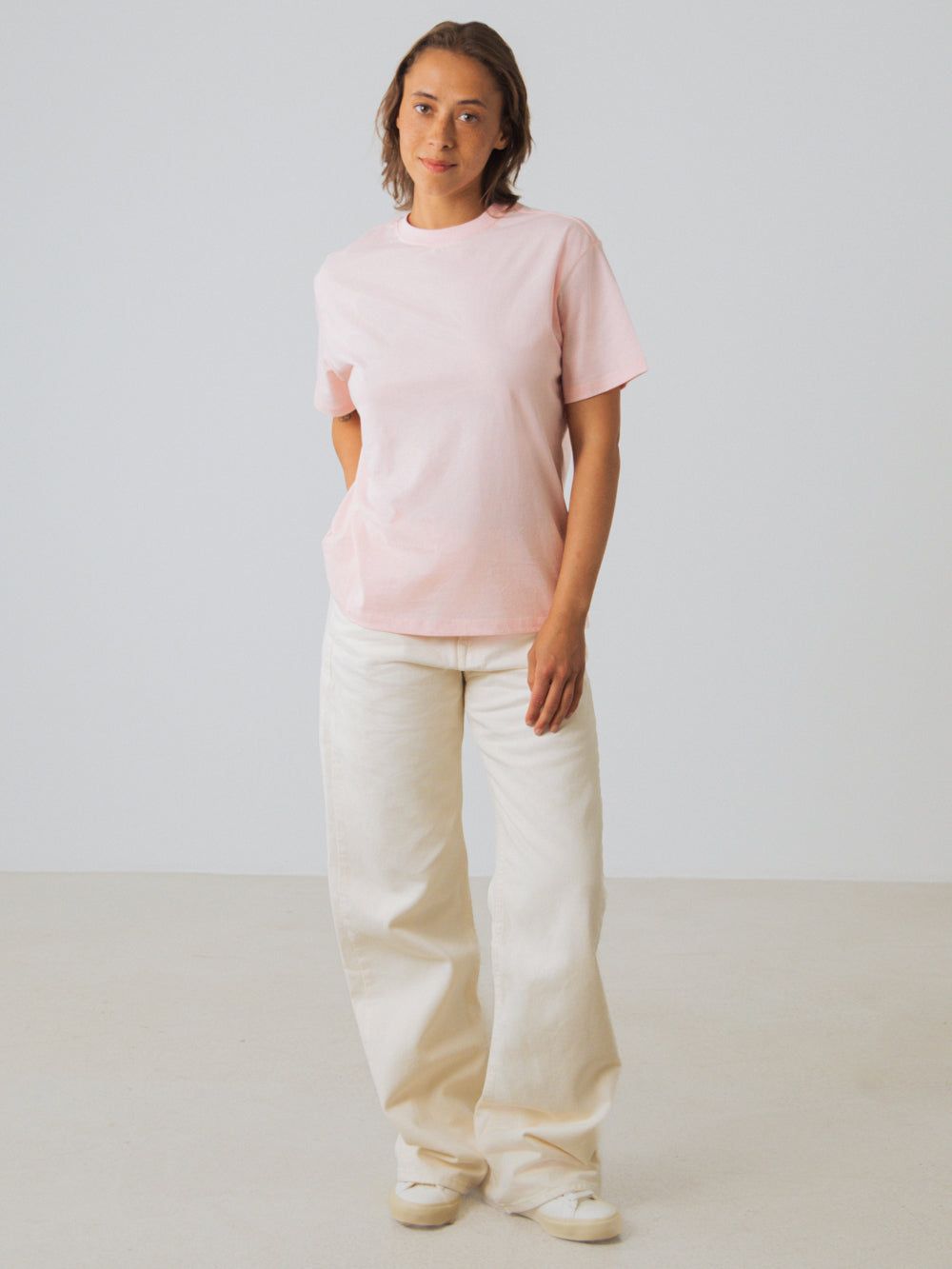 Pale Pink Oversized T-Shirt with Cream Wide-Leg Trousers — Oversized Shirts