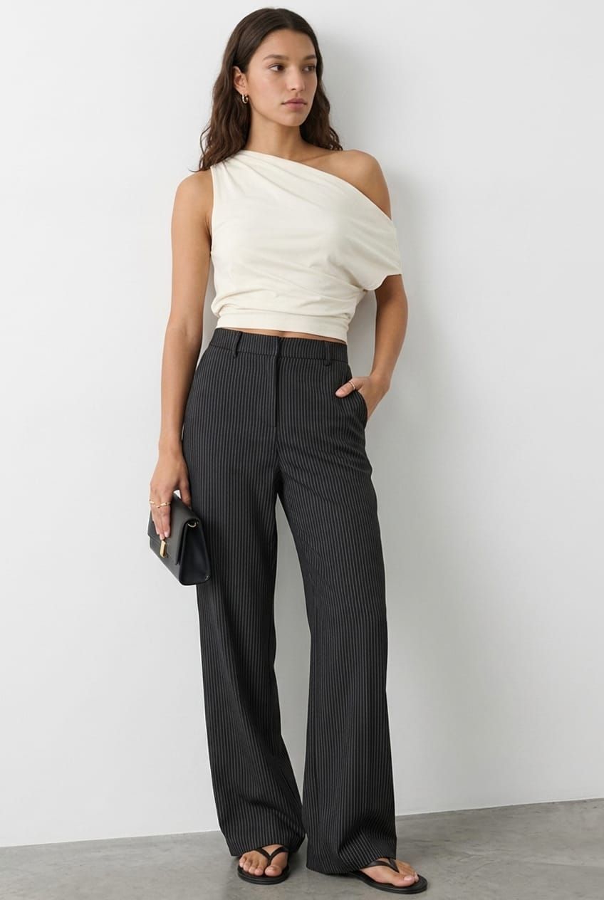 Asymmetrical Drape Top with Pinstripe Trousers for Modern Office Style — Workwear Aesthetic Outfits