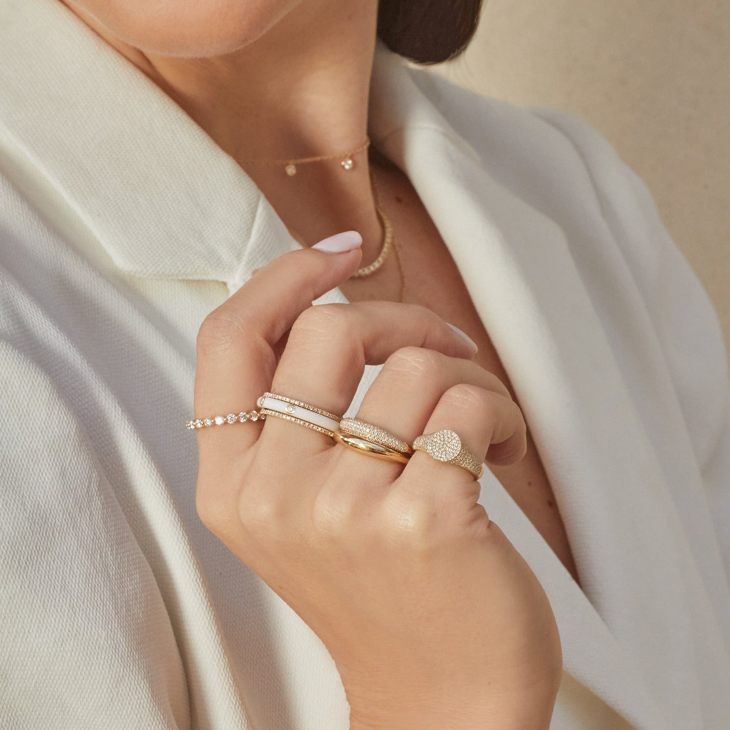 Chic Stack with Enamel and Diamonds on a Blazer Chic Stack with Enamel and Diamonds on a Blazer — Gold Ring Stack