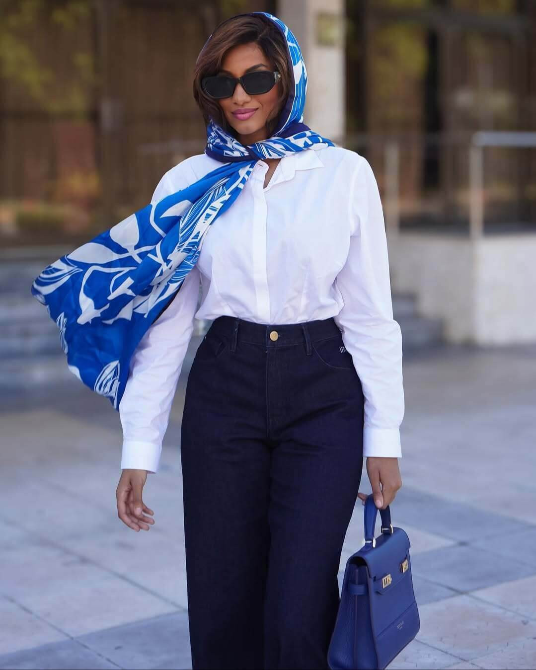 Button-Down Shirt with Wide-Leg Jeans and Scarf — Outfits for Inverted Triangle