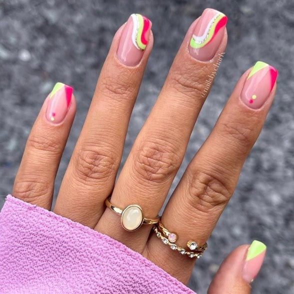 Neon Green and Pink Abstract French Square Nails Neon Green and Pink Abstract French Square Nails — Hard Gel Nails