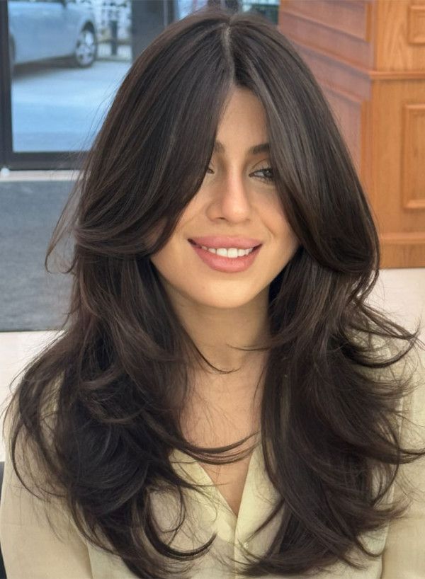 Dark Brown with Voluminous Curtain Bangs — Hairstyles for Long Faces