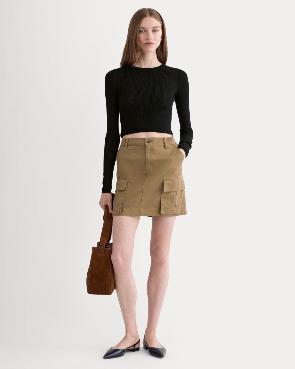 Olive Green Midi Cargo Skirt with White T-shirt — Cargo Skirt Outfits