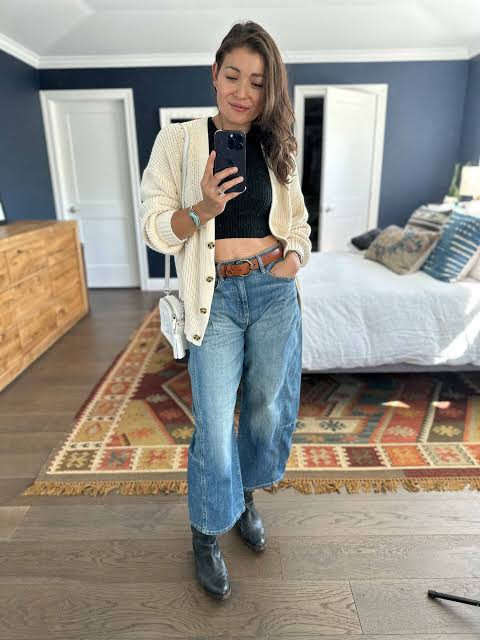 Relaxed Silhouette with Wide-Leg Jeans and Knit Cardigan Relaxed Silhouette with Wide-Leg Jeans and Knit Cardigan — Cowboy Boots with Jeans Outfits