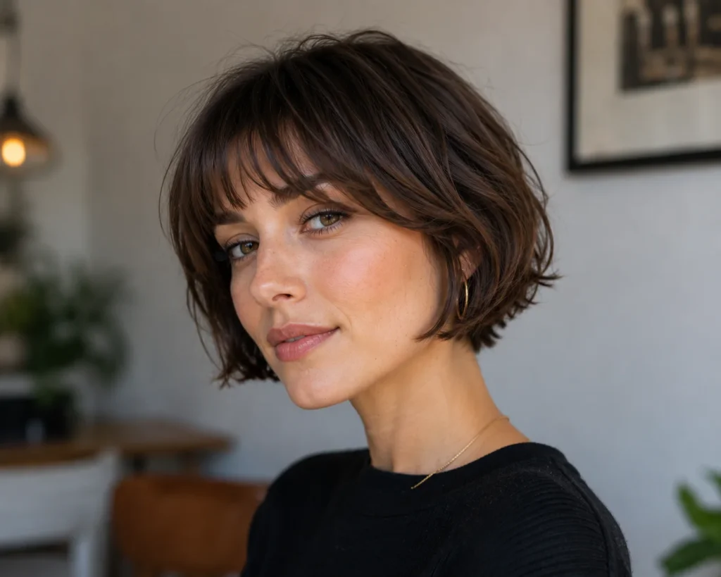 Front View Sleek Dark Brown Bob With Blunt Fringe Front View Sleek Dark Brown Bob With Blunt Fringe — Cute Hairstyles
