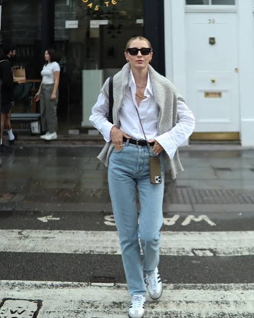 Casual Chic: Cardigan Draped Over Shirt with White Adidas Samba Casual Chic: Cardigan Draped Over Shirt with White Adidas Samba — Adidas Samba Outfits