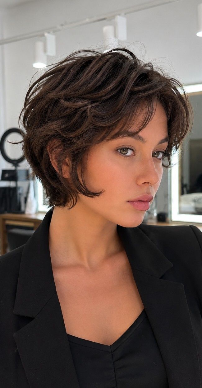 Textured Espresso Bixie With Wispy Fringe Textured Espresso Bixie With Wispy Fringe — Bixie Haircut