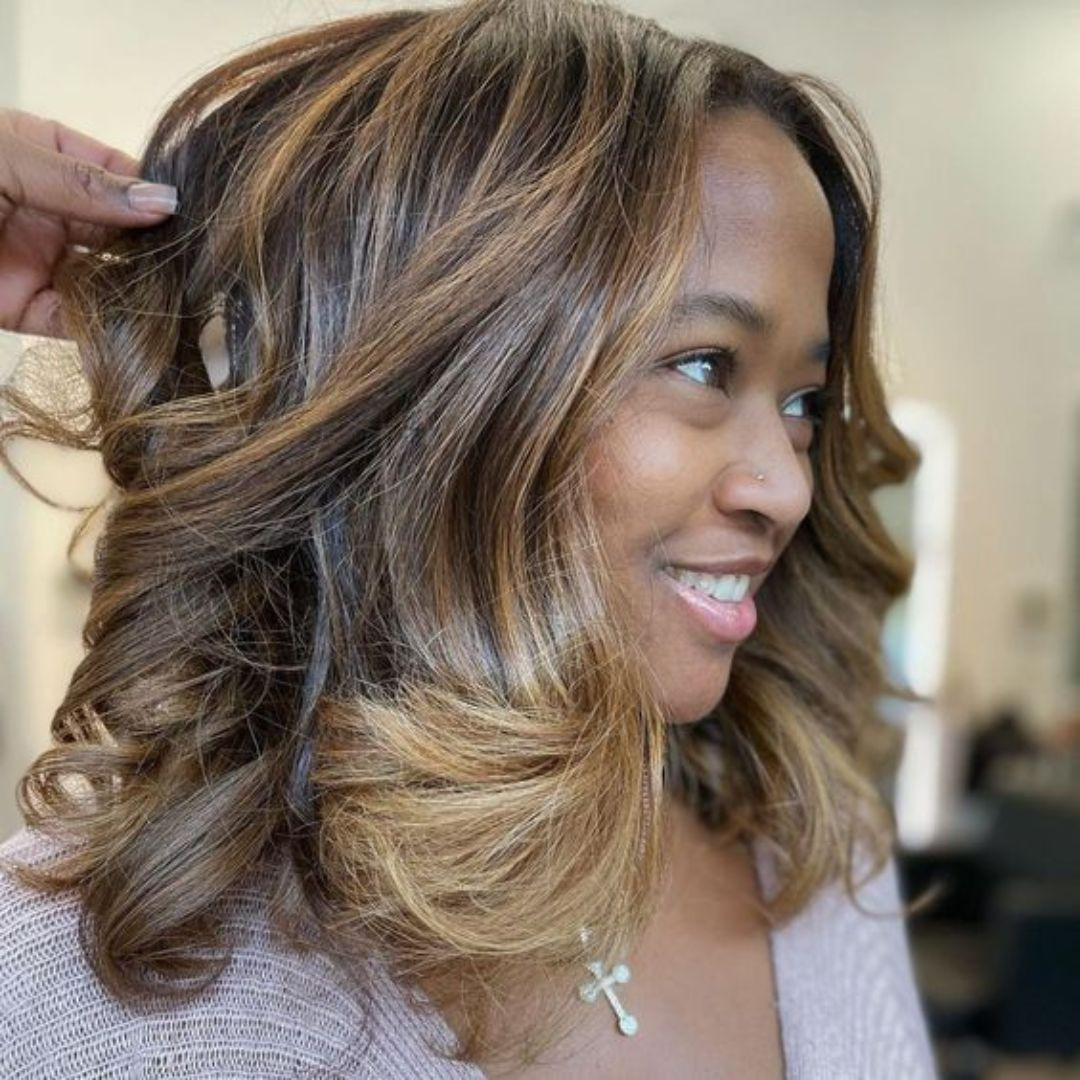 Layered Bob with Caramel Honey Balayage Layered Bob with Caramel Honey Balayage — Balayage on Black Women