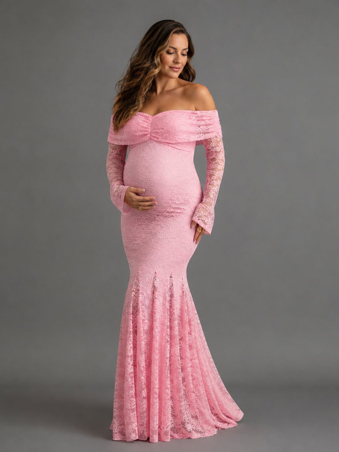 Light Pink Lace Mermaid Maternity Gown with Off-the-Shoulder Neckline for a Glamorous Baby Shower Light Pink Lace Mermaid Maternity Gown with Off-the-Shoulder Neckline for a Glamorous Baby Shower — Baby Shower Dresses