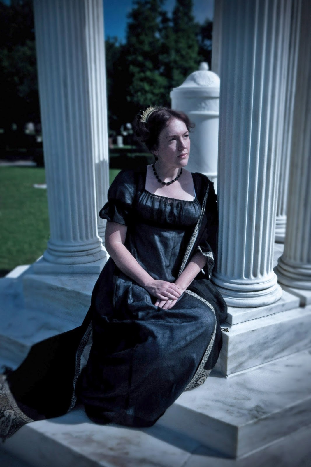 Black Empire-Waist Dress with Ornate Shawl for a Historical Funeral Style Black Empire-Waist Dress with Ornate Shawl for a Historical Funeral Style — Funeral Outfits