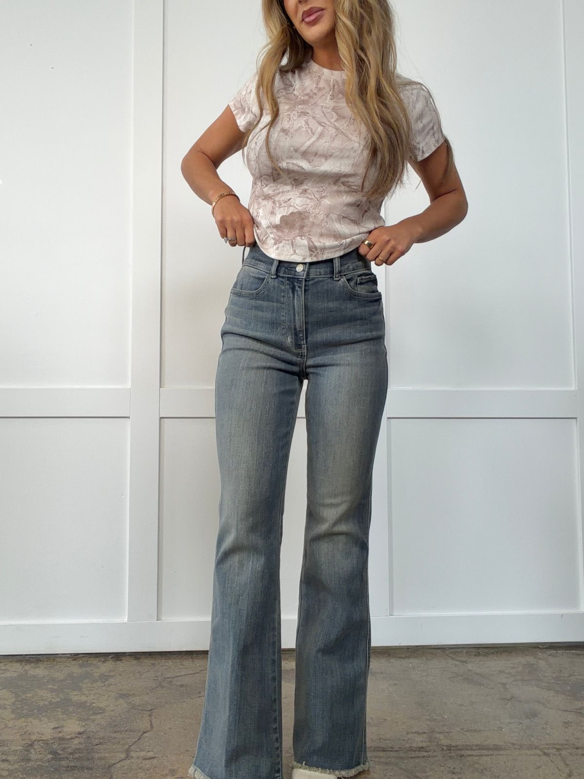 Playful Contrast: Blue Bootcut Jeans with Pink Fuzzy Cardigan and Ruched Top Playful Contrast: Blue Bootcut Jeans with Pink Fuzzy Cardigan and Ruched Top — Bootcut Jeans Outfits