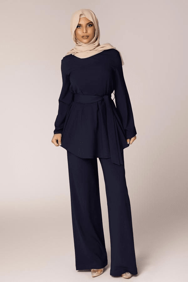 Belted Tunic and Wide-Leg Trousers in Navy — Hijab Work Outfits