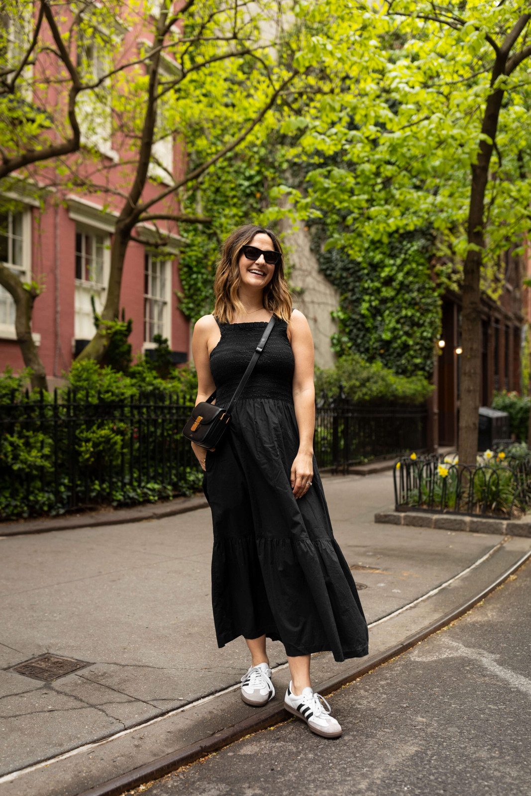 Casual Day Out: Black Midi Dress with Sneakers — Little Black Dress Outfits