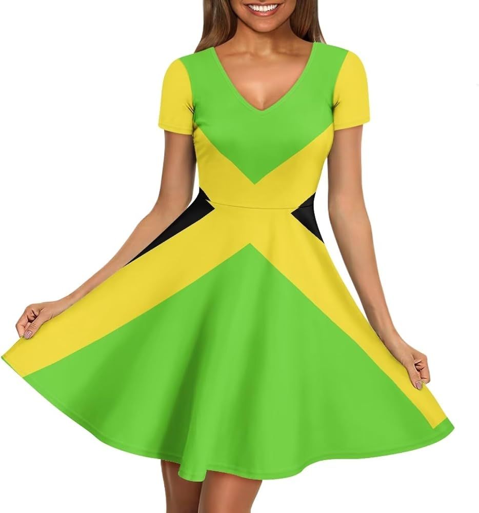 Jamaican Flag Fit-and-Flare Dress for Festive Casual — Jamaica Outfits