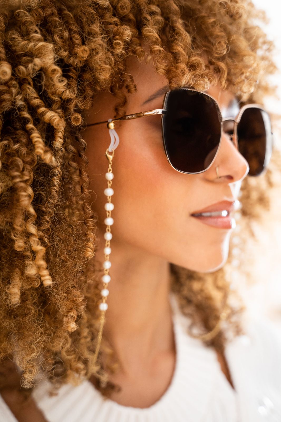 Gold Frame Square Sunglasses with Pearl Chain — Sunglasses for Heart Shaped Face