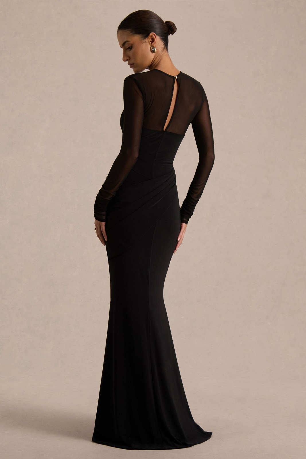 Fitted Black Gown with Sheer Ruched Sleeves and Back Panel — Black Tie Outfits