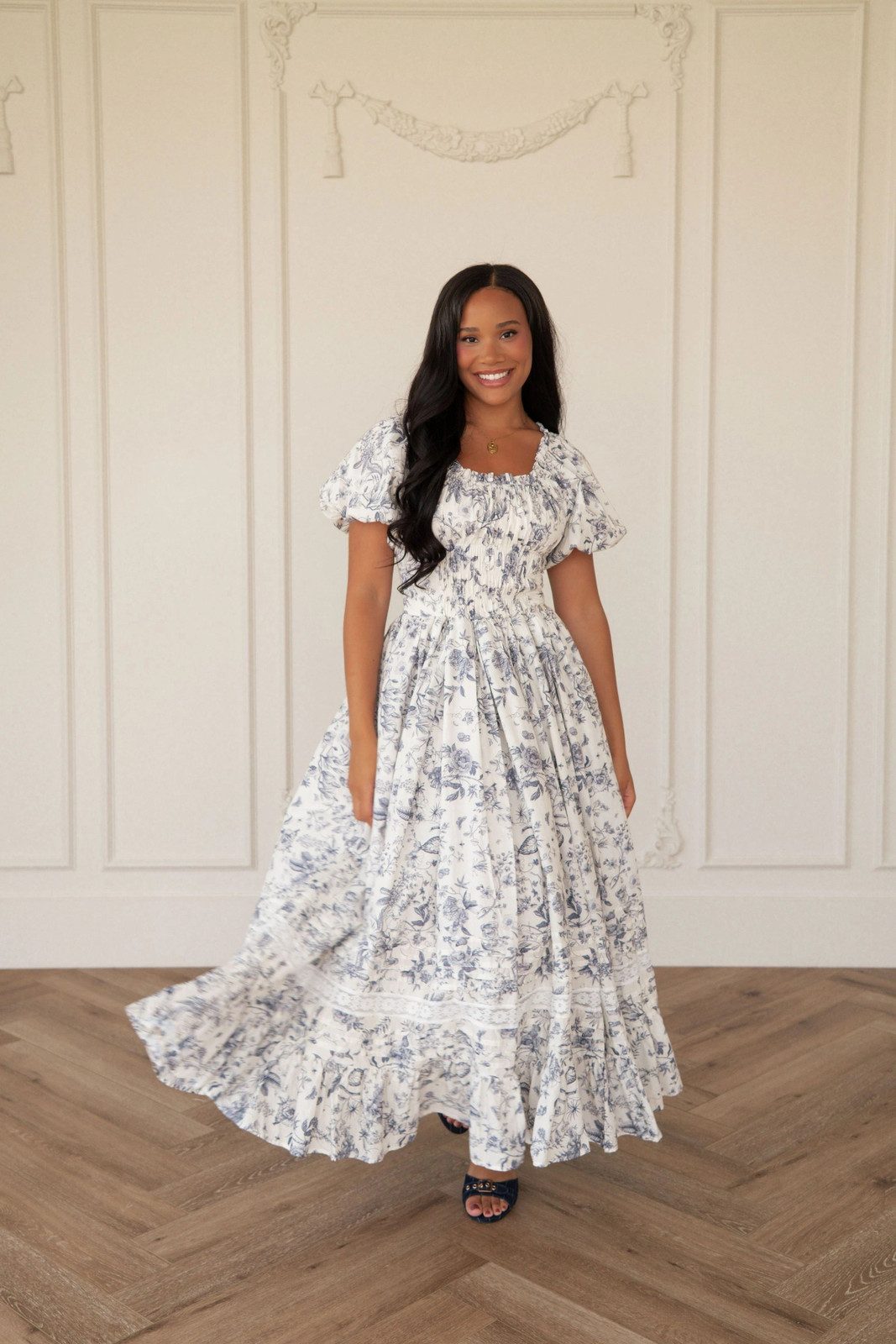 White and Blue Floral Maxi with Puff Sleeves and Tiered Ruffled Hem White and Blue Floral Maxi with Puff Sleeves and Tiered Ruffled Hem — Ruffle Dresses