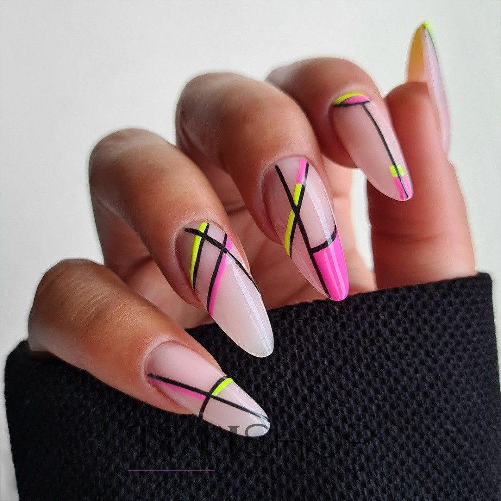 Neon Geometric Lines Stiletto Nails Neon Geometric Lines Stiletto Nails — Geometric Nails