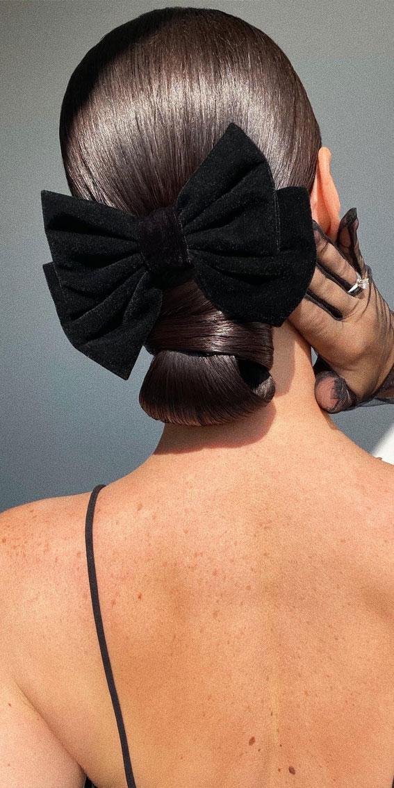 Sleek Nape Bun With Black Velvet Bow — Hair Bow Hairstyles
