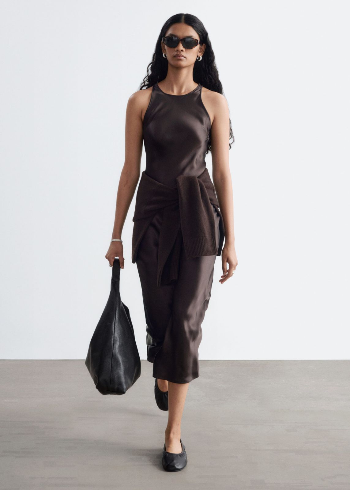 Brown Satin Slip Dress with Knitted Sweater Accent — Satin Dress Outfits