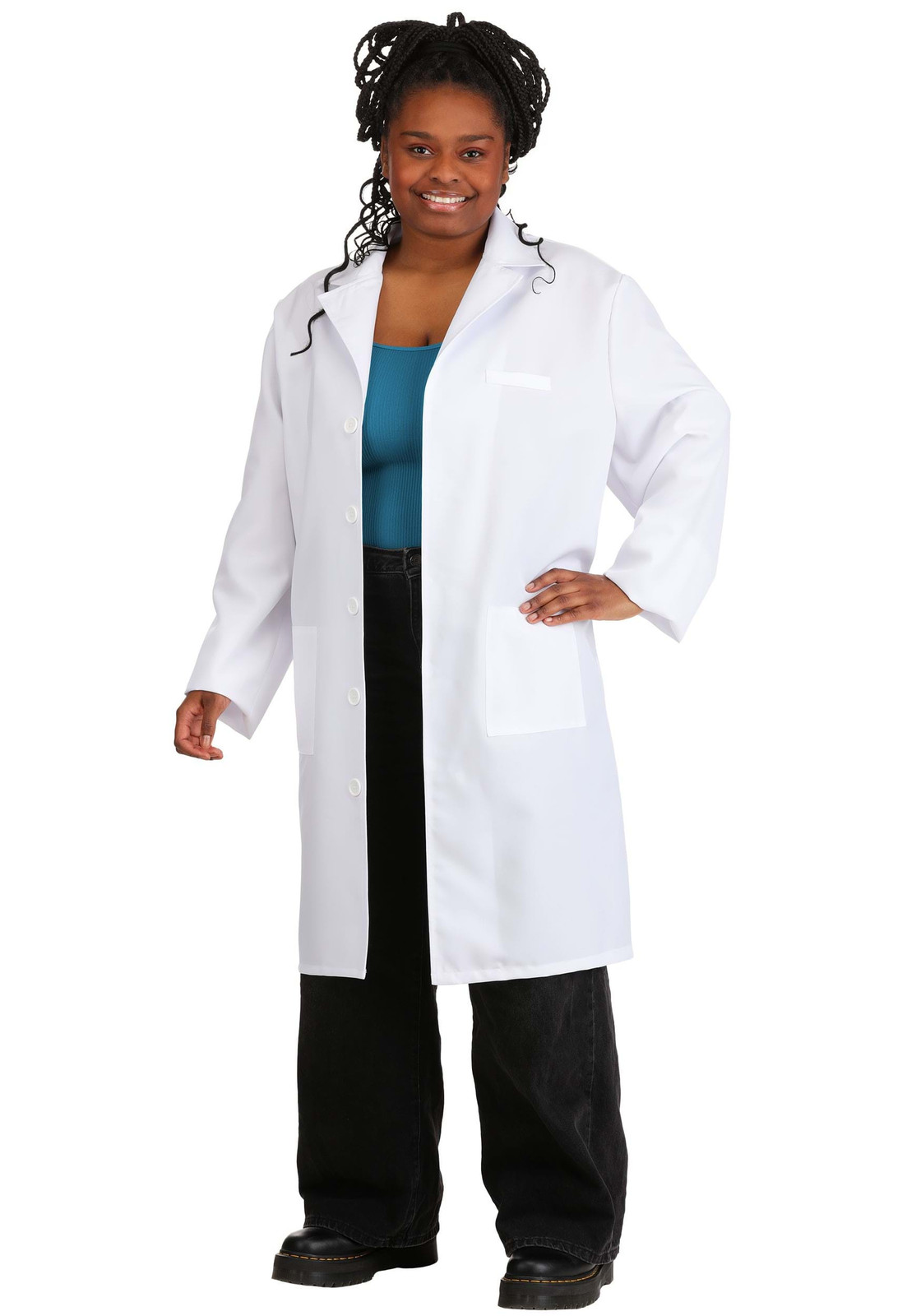 White Doctor's Coat Over Blue Top and Black Jeans White Doctor's Coat Over Blue Top and Black Jeans — Doctor Outfits Women