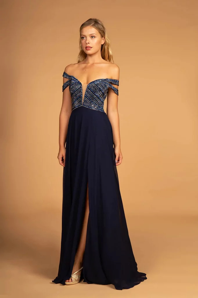 Navy Off-the-Shoulder Dress with Beaded Bodice Navy Off-the-Shoulder Dress with Beaded Bodice — Anniversary Dinner Outfits
