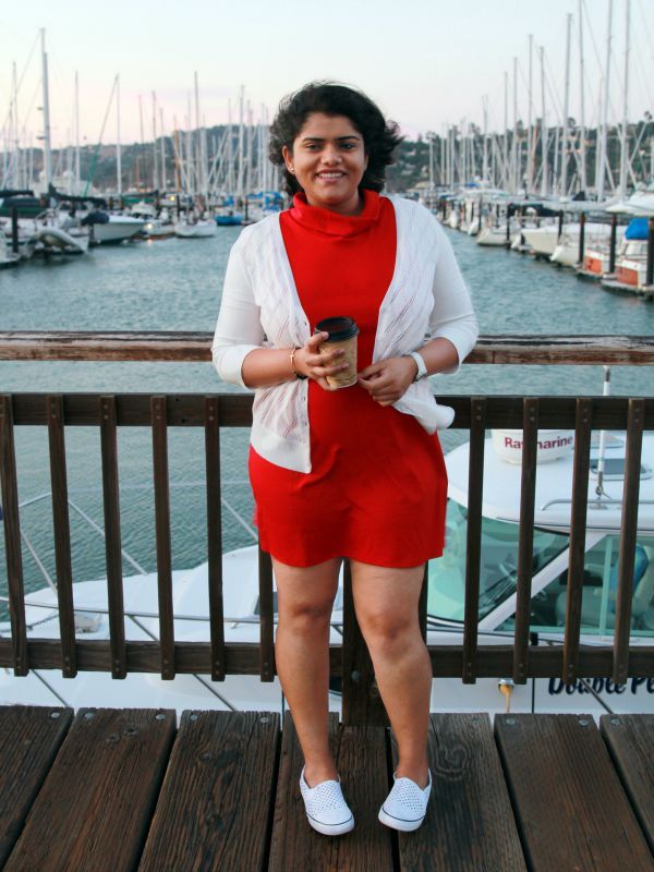 Bright Red Dress and Knit Cardigan for a Waterside Outing — San Francisco Outfits