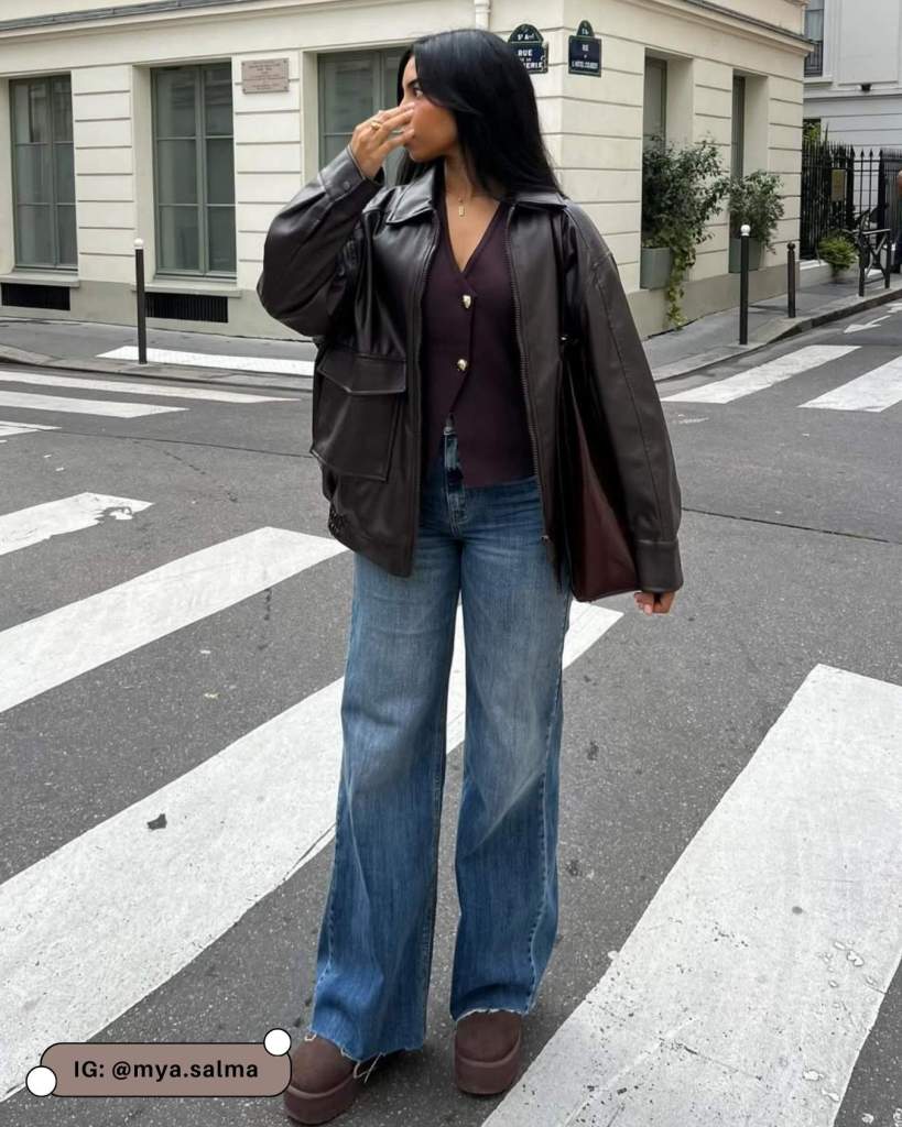 Oversized Dark Brown Leather Jacket with Purple Top and Jeans — Leather Jacket Outfits