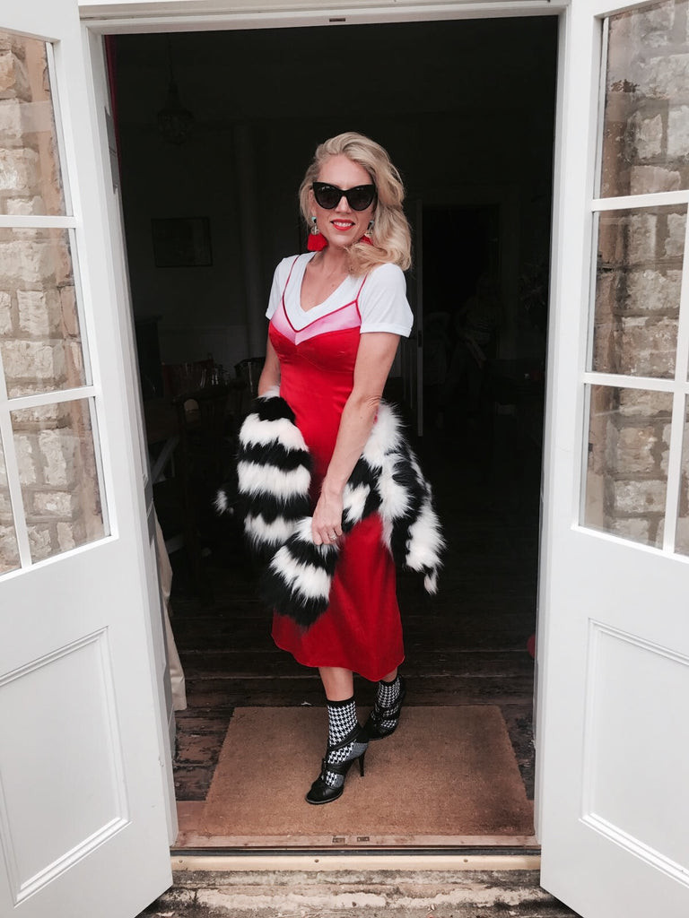 Statement Style: Red Satin Slip Dress with Faux Fur Stole Statement Style: Red Satin Slip Dress with Faux Fur Stole — Slip Dress Over T Shirt