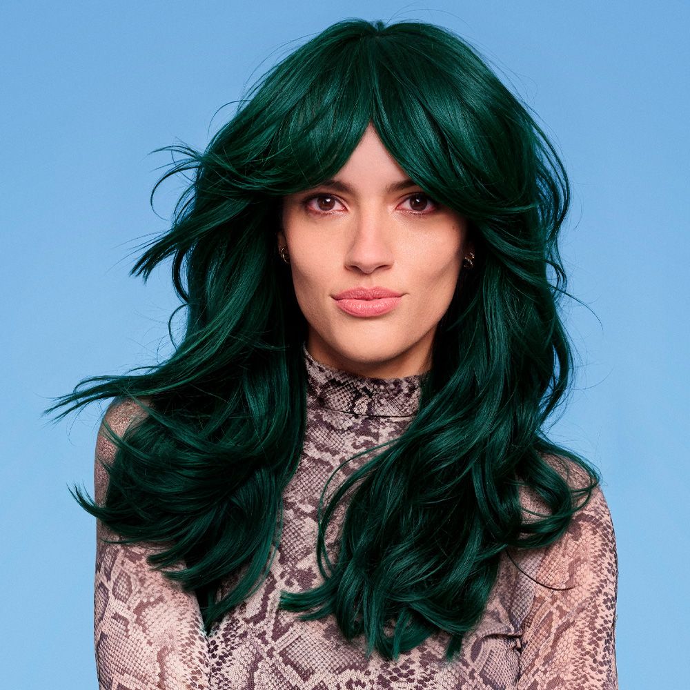 Vivid Green Blowout With Full Bangs Vivid Green Blowout With Full Bangs — Olive Green Hair