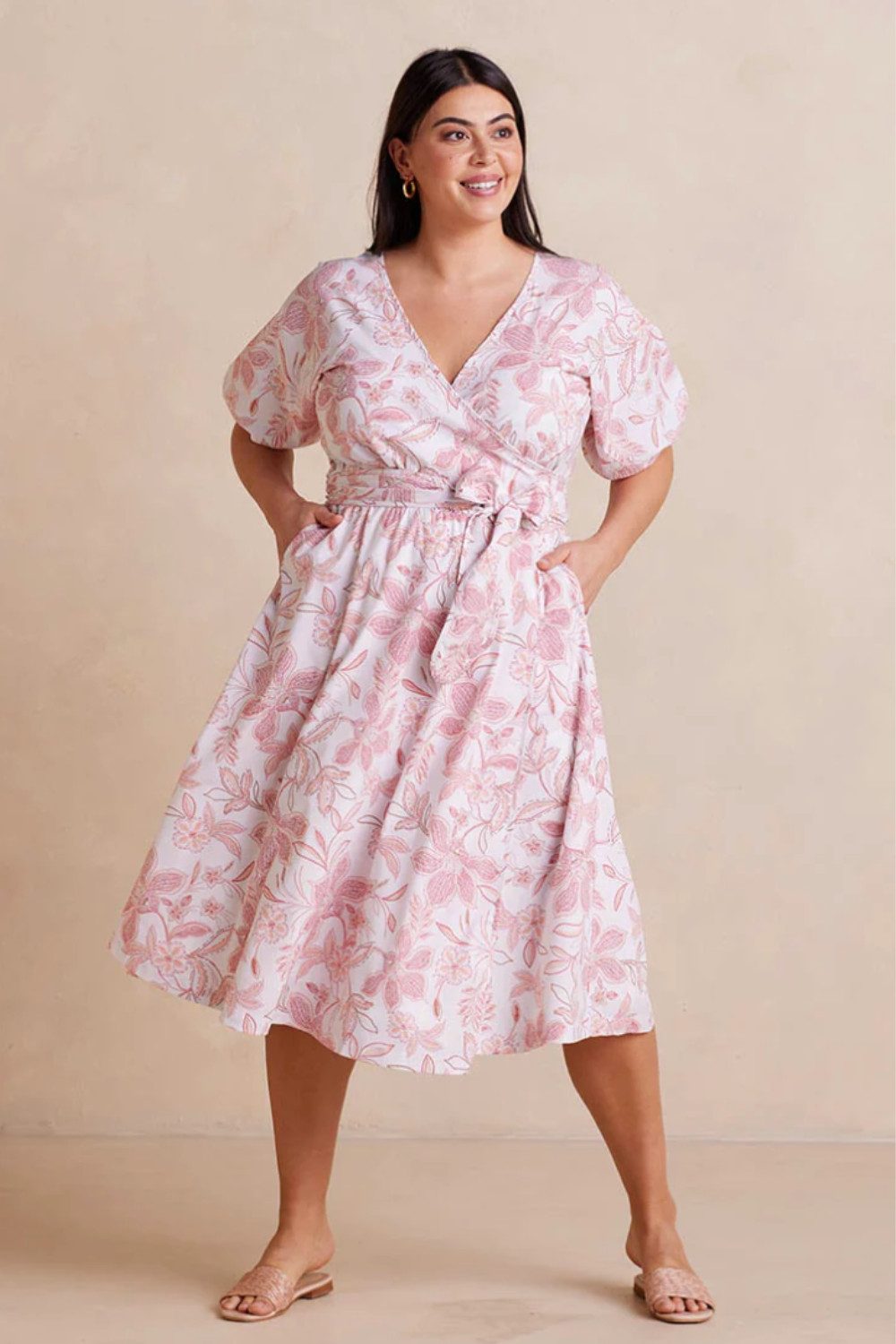 Floral Wrap Dress with Puff Sleeves and Tie Waist — Dresses for Apple Shape