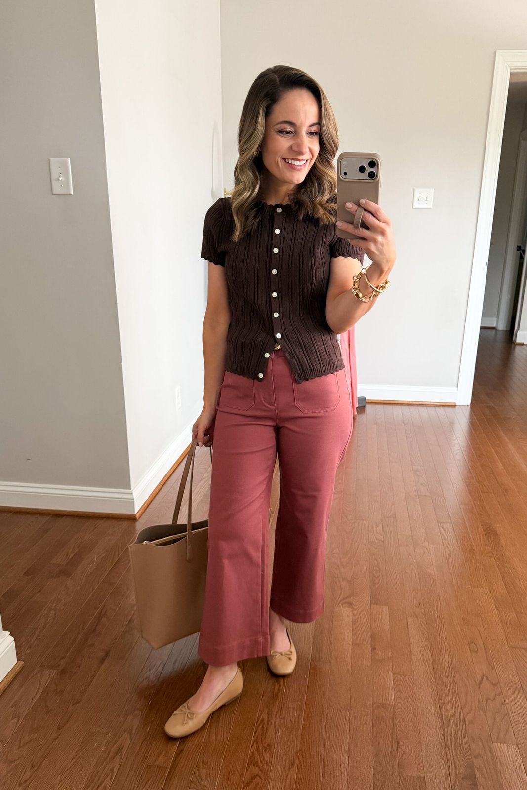 Dusty Rose Trousers with Collared Knit Top — Outfits for Short Women