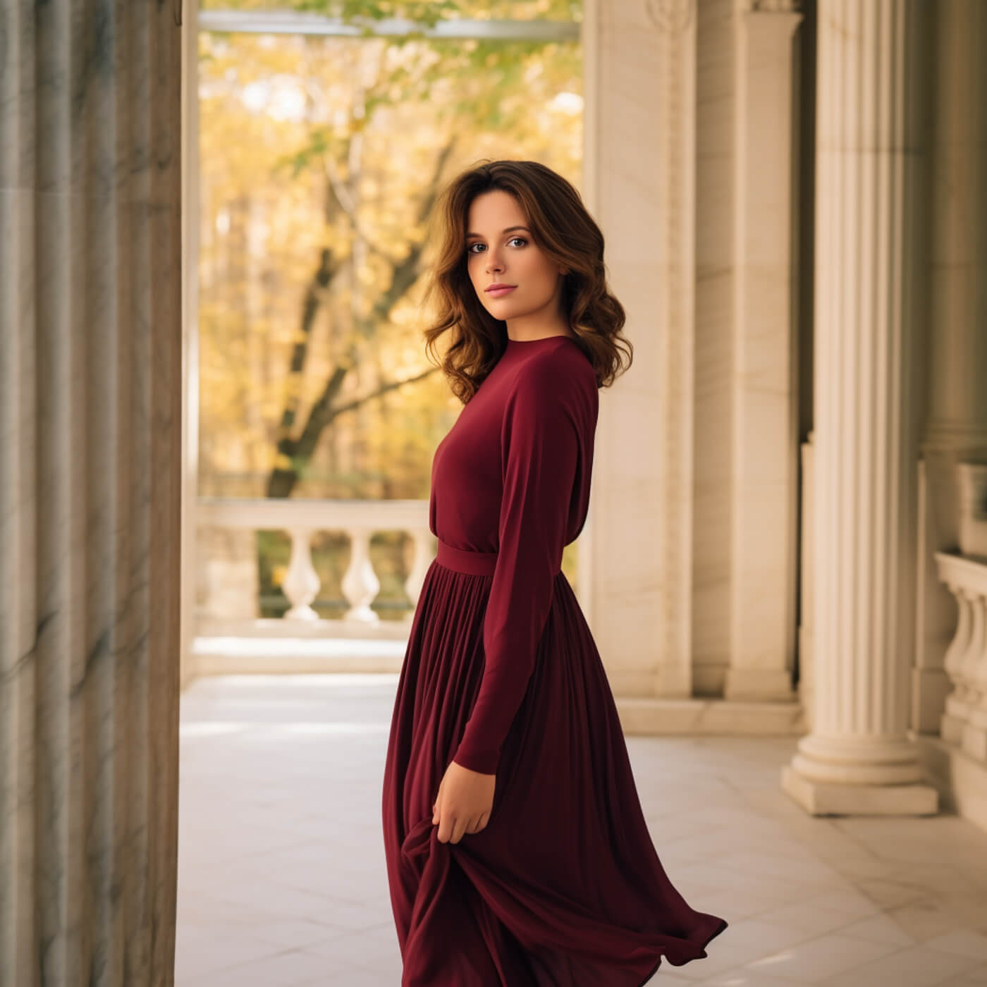 Maroon Jersey Dress with Flowing Pleated Skirt — Long Sleeve Dresses