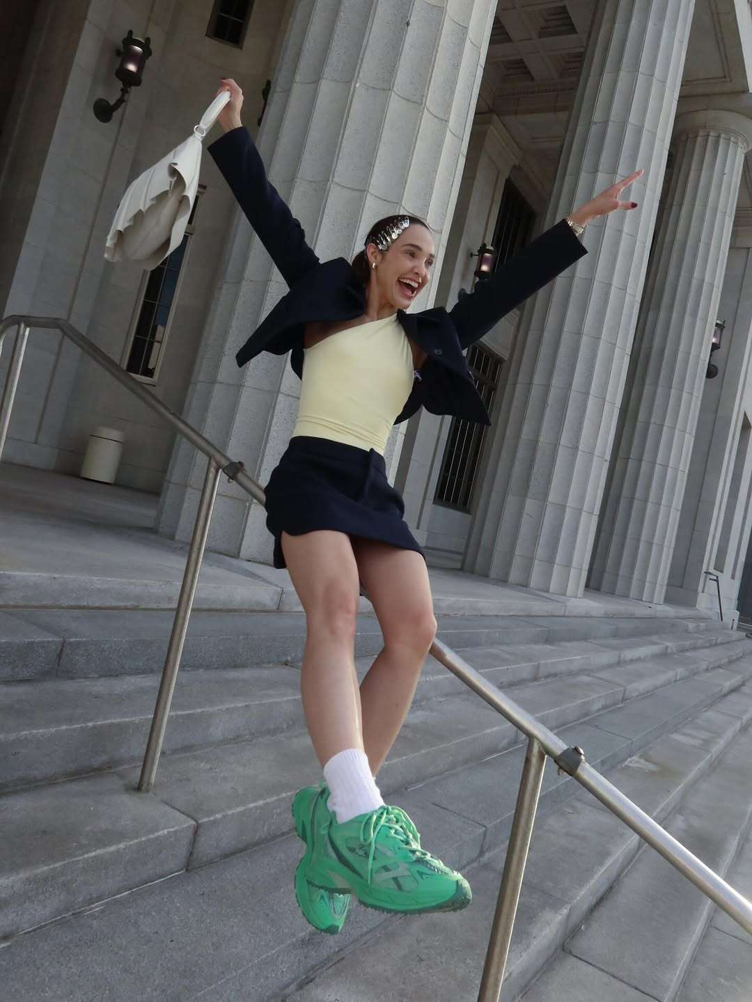 Green Chunky Sneakers with Navy Blazer and Mini Skirt Green Chunky Sneakers with Navy Blazer and Mini Skirt — Chunky Sneakers Outfits