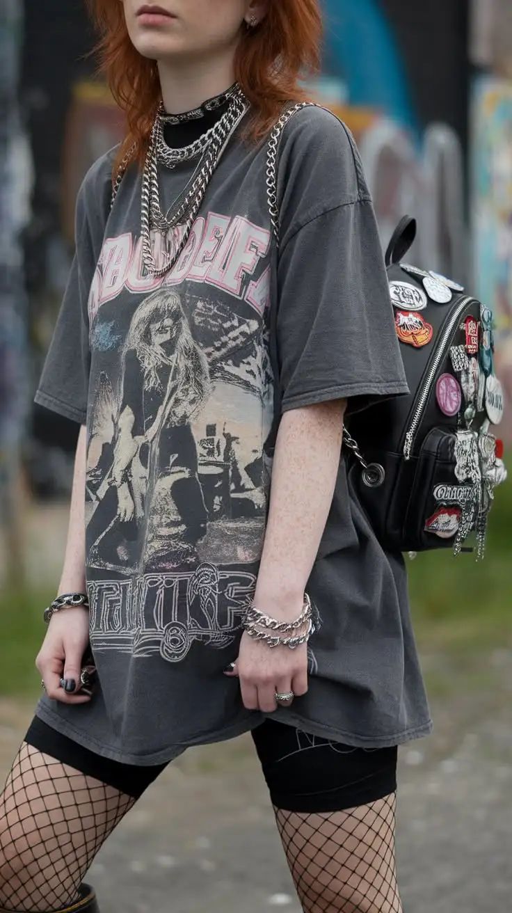 Layered Band Tee with Turtleneck and Biker Shorts — Band Tee Outfits