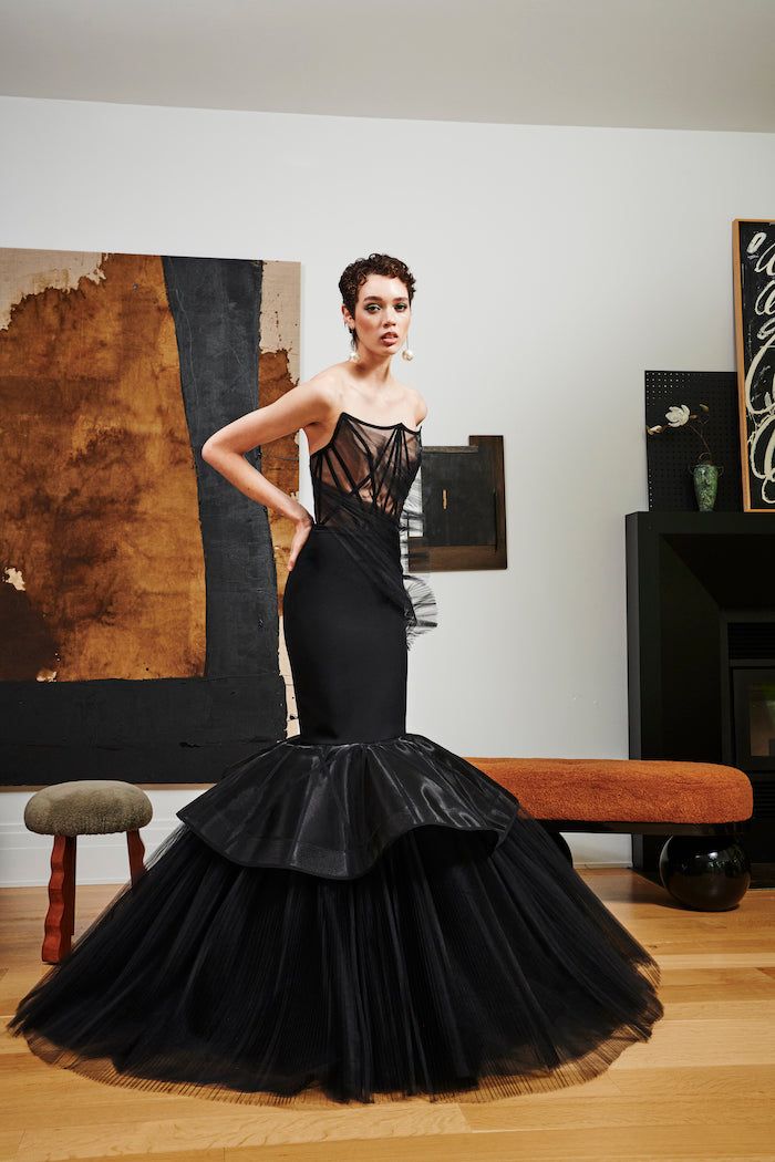 Black Mermaid Gown with Sheer Corset Bodice and Tiered Tulle Skirt Black Mermaid Gown with Sheer Corset Bodice and Tiered Tulle Skirt — Mermaid Dresses