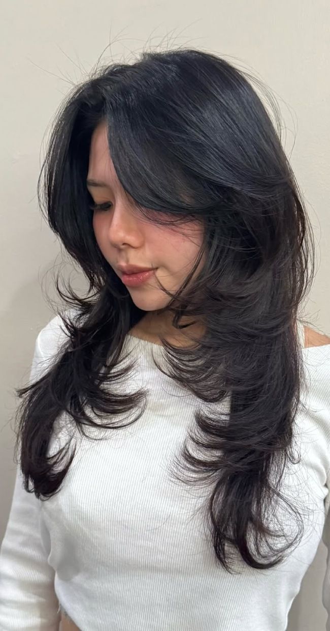 Thick Wavy Shag With Curtain Bangs Thick Wavy Shag With Curtain Bangs — Hush Cut