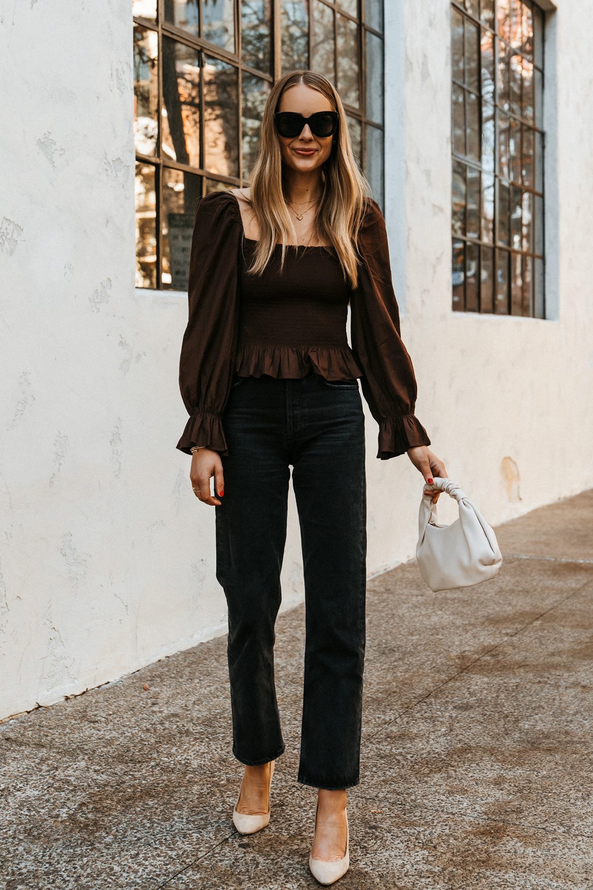 Brown Smocked Peplum Top with Black Straight-Leg Jeans Brown Smocked Peplum Top with Black Straight-Leg Jeans — Black and Brown Outfits