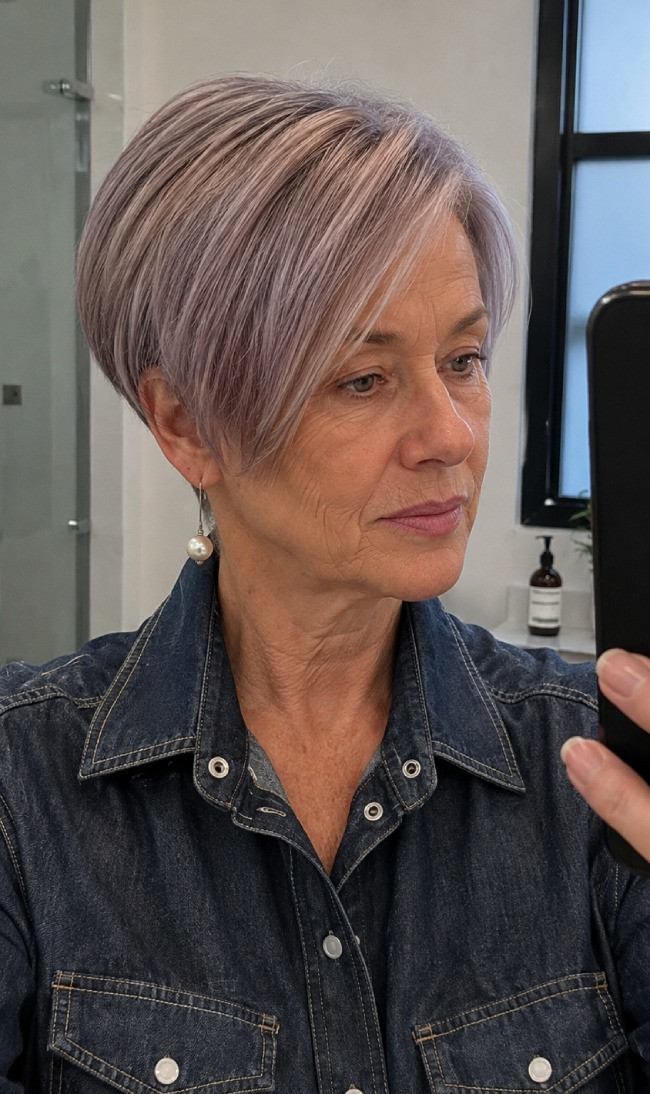 Ear Ash Blonde Bob with Lavender Ear Ash Blonde Bob with Lavender — Hair Color for Women Over 70