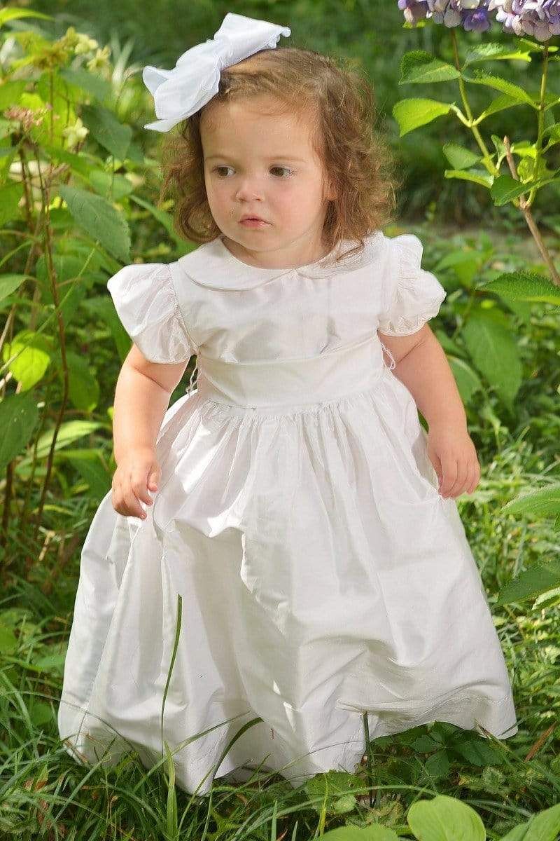 Classic White Silk Dress with Puffed Sleeves and Large Hair Bow Classic White Silk Dress with Puffed Sleeves and Large Hair Bow — Flower Girl Dresses