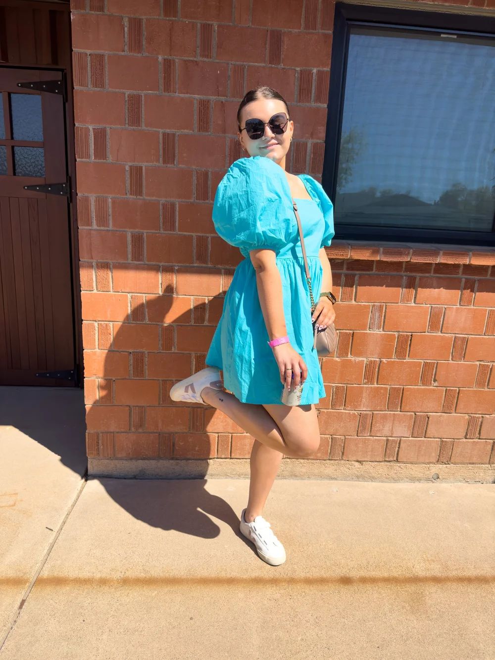 Blue Puff-Sleeve Mini Dress with Sneakers — Scottsdale Outfits