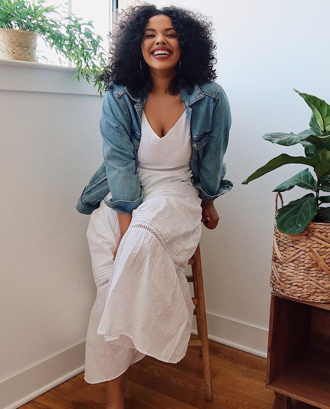 White Tiered Maxi Dress with Denim Jacket Layer White Tiered Maxi Dress with Denim Jacket Layer — Outfits for Big Bust