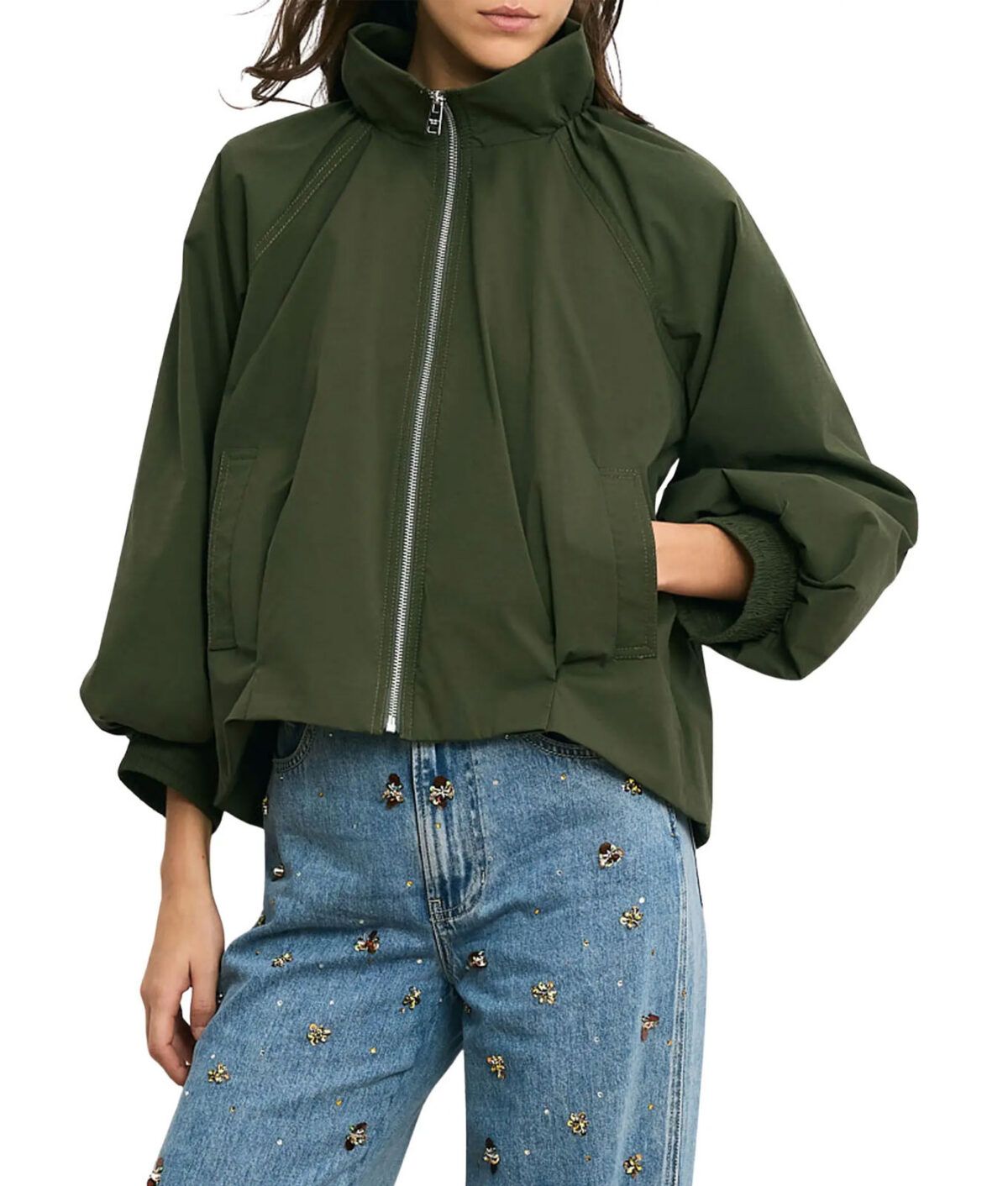 Olive Green Windbreaker with Balloon Sleeves and Funnel Neck Olive Green Windbreaker with Balloon Sleeves and Funnel Neck — Windbreaker Outfits