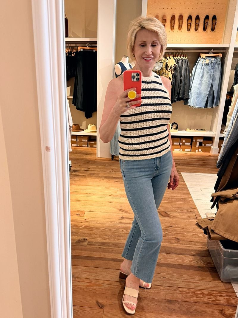 Striped Halter Top with Straight-Leg Jeans and Nude Heels Striped Halter Top with Straight-Leg Jeans and Nude Heels — Madewell Outfits