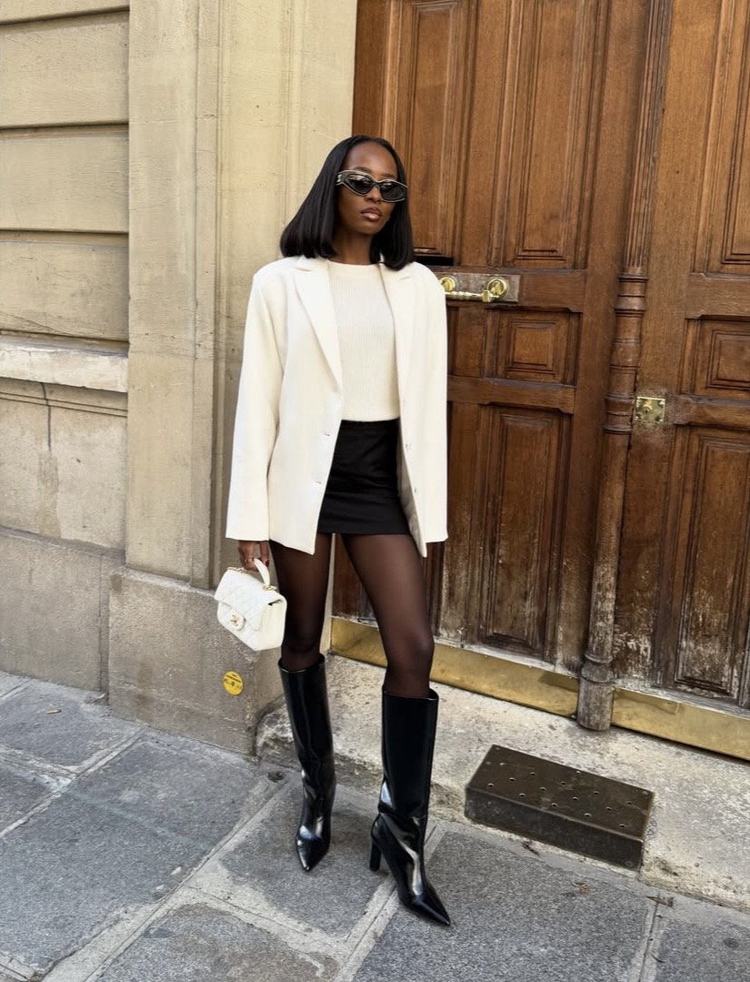 Black Mini Skirt with Cream Blazer for Stylish Fall Layering — Skirt Outfits