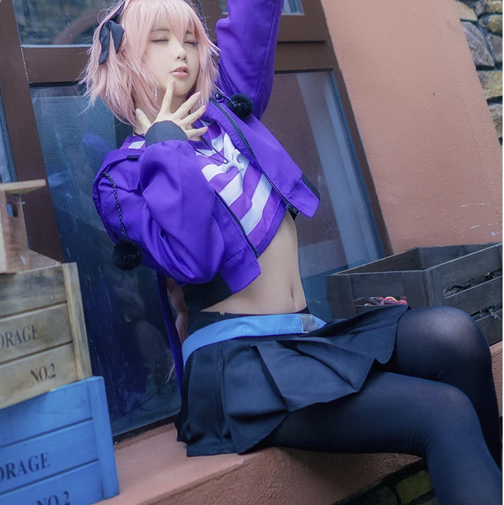 Anime-Inspired Femboy Ensemble with Purple Cropped Jacket and Pleated Skirt Anime-Inspired Femboy Ensemble with Purple Cropped Jacket and Pleated Skirt — Femboy Outfits