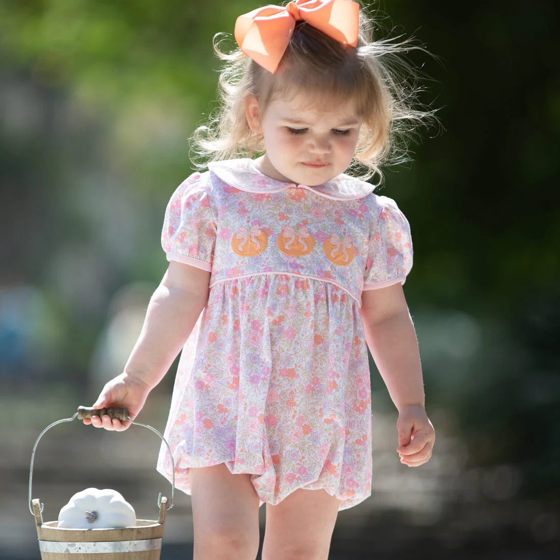 Pink Floral Romper with Pumpkin Embroidery Pink Floral Romper with Pumpkin Embroidery — Little Girl Outfits